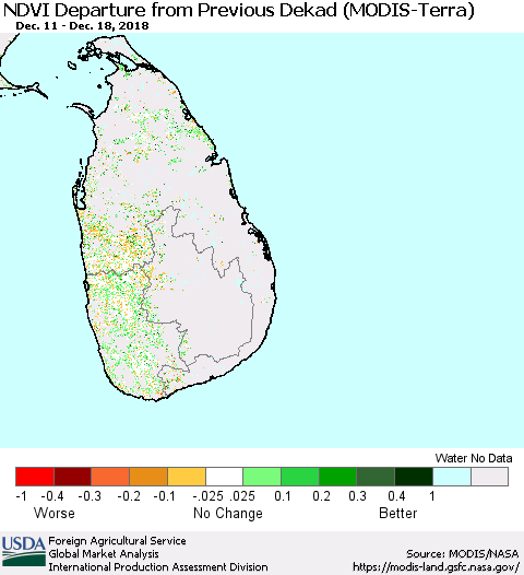 Sri Lanka NDVI Departure from Previous Dekad (Terra-MODIS) Thematic Map For 12/11/2018 - 12/20/2018