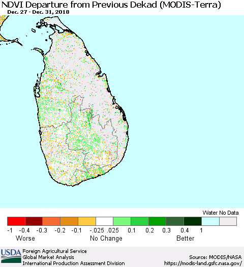 Sri Lanka NDVI Departure from Previous Dekad (Terra-MODIS) Thematic Map For 12/21/2018 - 12/31/2018