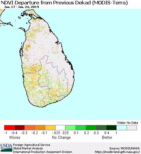 Sri Lanka NDVI Departure from Previous Dekad (Terra-MODIS) Thematic Map For 1/21/2019 - 1/31/2019