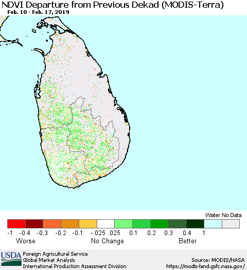 Sri Lanka NDVI Departure from Previous Dekad (Terra-MODIS) Thematic Map For 2/11/2019 - 2/20/2019