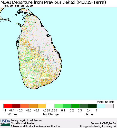 Sri Lanka NDVI Departure from Previous Dekad (Terra-MODIS) Thematic Map For 2/21/2019 - 2/28/2019