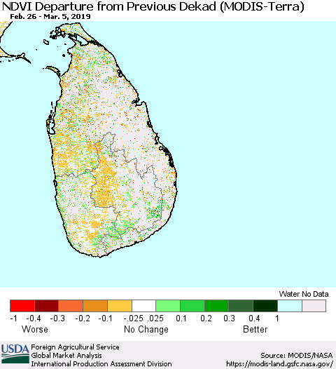 Sri Lanka NDVI Departure from Previous Dekad (Terra-MODIS) Thematic Map For 3/1/2019 - 3/10/2019