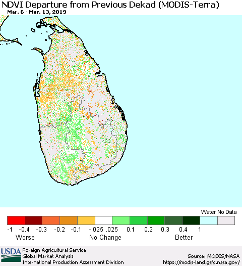 Sri Lanka NDVI Departure from Previous Dekad (Terra-MODIS) Thematic Map For 3/11/2019 - 3/20/2019