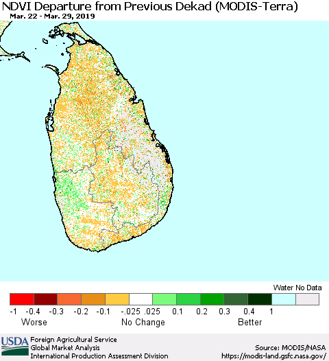 Sri Lanka NDVI Departure from Previous Dekad (Terra-MODIS) Thematic Map For 3/21/2019 - 3/31/2019