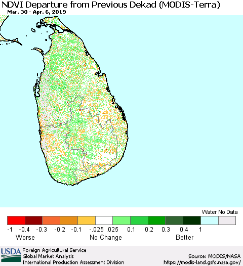 Sri Lanka NDVI Departure from Previous Dekad (Terra-MODIS) Thematic Map For 4/1/2019 - 4/10/2019