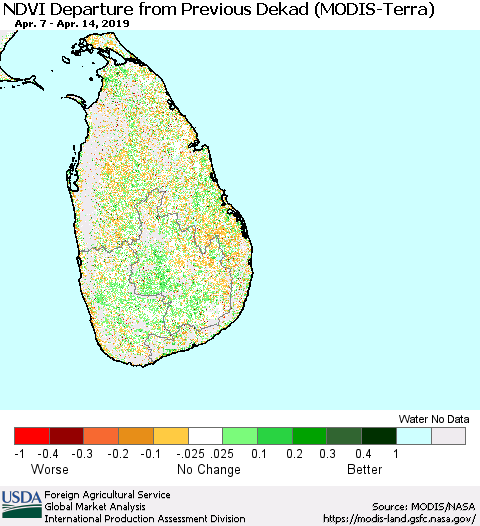 Sri Lanka NDVI Departure from Previous Dekad (Terra-MODIS) Thematic Map For 4/11/2019 - 4/20/2019