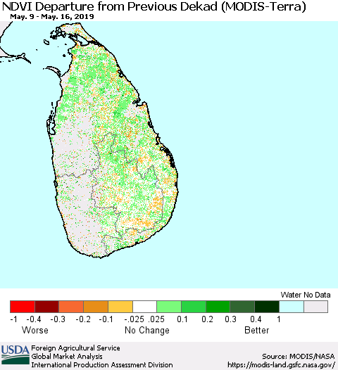 Sri Lanka NDVI Departure from Previous Dekad (Terra-MODIS) Thematic Map For 5/11/2019 - 5/20/2019