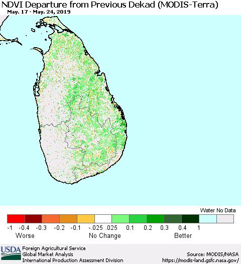 Sri Lanka NDVI Departure from Previous Dekad (Terra-MODIS) Thematic Map For 5/21/2019 - 5/31/2019