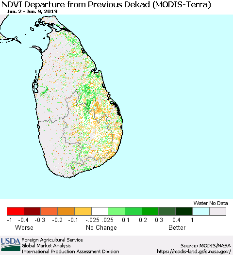 Sri Lanka NDVI Departure from Previous Dekad (Terra-MODIS) Thematic Map For 6/1/2019 - 6/10/2019
