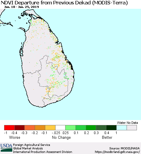 Sri Lanka NDVI Departure from Previous Dekad (Terra-MODIS) Thematic Map For 6/21/2019 - 6/30/2019
