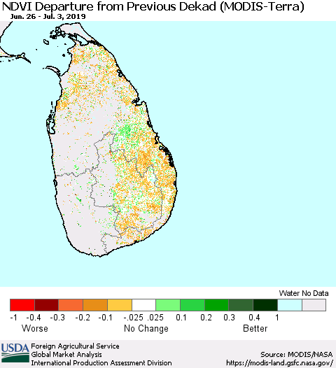 Sri Lanka NDVI Departure from Previous Dekad (Terra-MODIS) Thematic Map For 7/1/2019 - 7/10/2019
