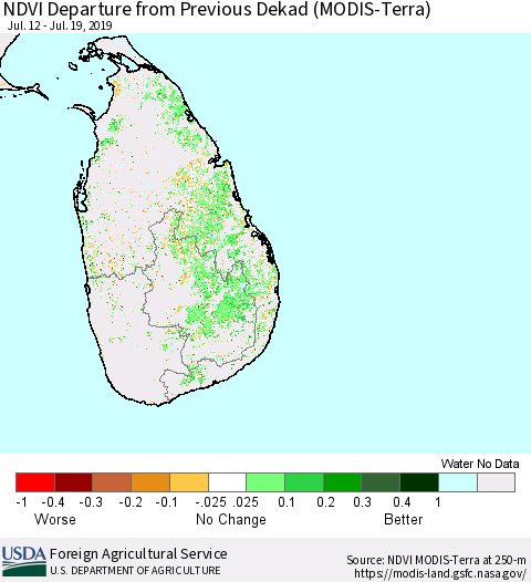 Sri Lanka NDVI Departure from Previous Dekad (Terra-MODIS) Thematic Map For 7/11/2019 - 7/20/2019