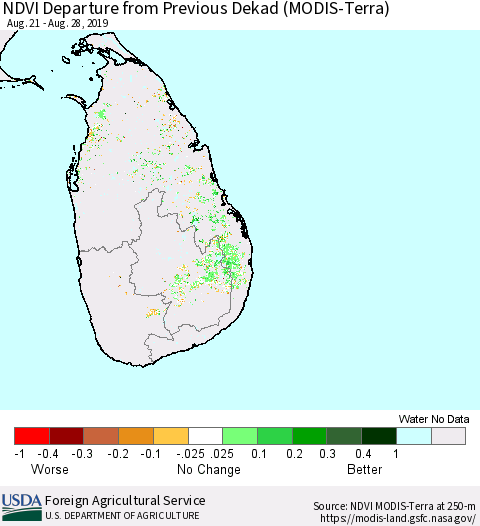 Sri Lanka NDVI Departure from Previous Dekad (Terra-MODIS) Thematic Map For 8/21/2019 - 8/31/2019