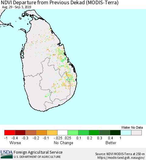 Sri Lanka NDVI Departure from Previous Dekad (Terra-MODIS) Thematic Map For 9/1/2019 - 9/10/2019