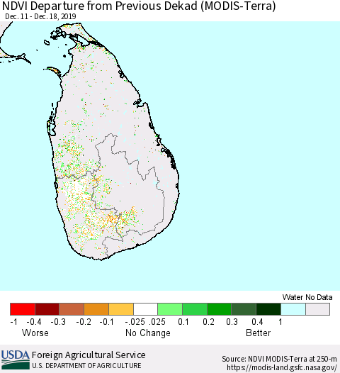 Sri Lanka NDVI Departure from Previous Dekad (Terra-MODIS) Thematic Map For 12/11/2019 - 12/20/2019