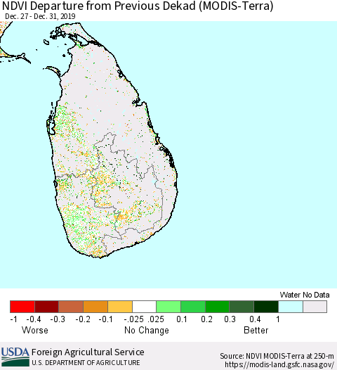 Sri Lanka NDVI Departure from Previous Dekad (Terra-MODIS) Thematic Map For 12/21/2019 - 12/31/2019