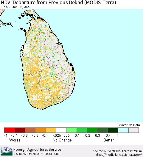 Sri Lanka NDVI Departure from Previous Dekad (Terra-MODIS) Thematic Map For 1/11/2020 - 1/20/2020