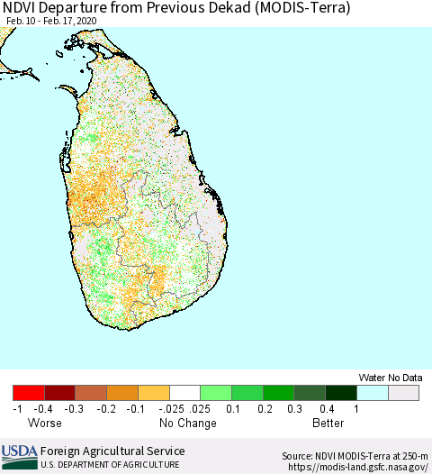 Sri Lanka NDVI Departure from Previous Dekad (Terra-MODIS) Thematic Map For 2/11/2020 - 2/20/2020