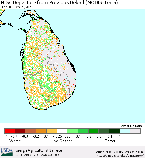 Sri Lanka NDVI Departure from Previous Dekad (Terra-MODIS) Thematic Map For 2/21/2020 - 2/29/2020