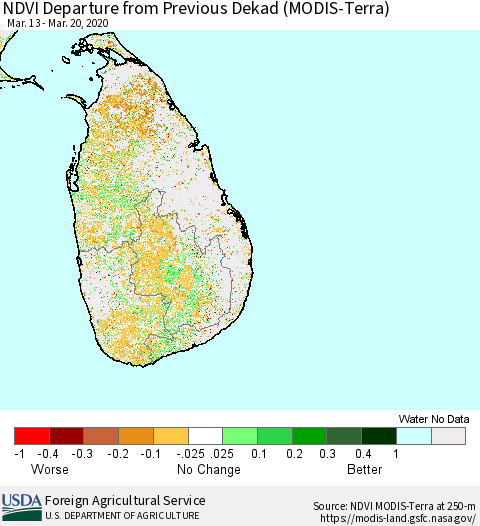 Sri Lanka NDVI Departure from Previous Dekad (Terra-MODIS) Thematic Map For 3/11/2020 - 3/20/2020