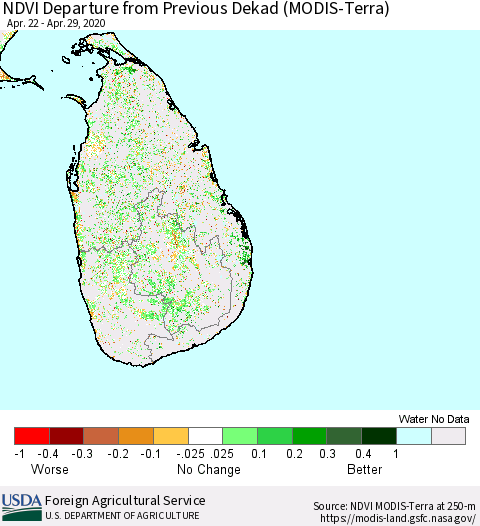 Sri Lanka NDVI Departure from Previous Dekad (Terra-MODIS) Thematic Map For 4/21/2020 - 4/30/2020
