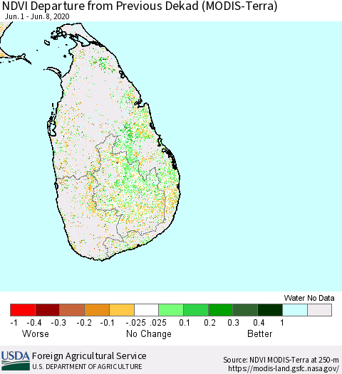 Sri Lanka NDVI Departure from Previous Dekad (MODIS-Terra) Thematic Map For 6/1/2020 - 6/10/2020