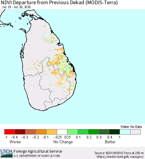 Sri Lanka NDVI Departure from Previous Dekad (MODIS-Terra) Thematic Map For 7/21/2020 - 7/31/2020