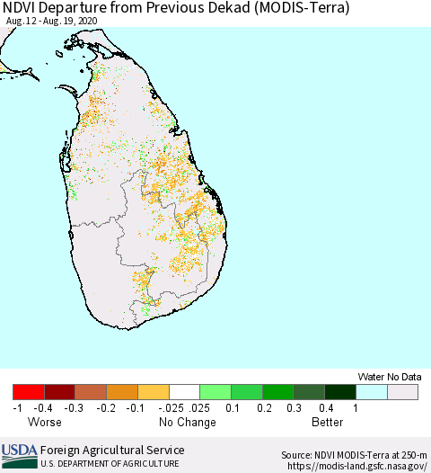 Sri Lanka NDVI Departure from Previous Dekad (MODIS-Terra) Thematic Map For 8/11/2020 - 8/20/2020