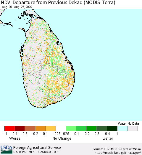 Sri Lanka NDVI Departure from Previous Dekad (Terra-MODIS) Thematic Map For 8/21/2020 - 8/31/2020