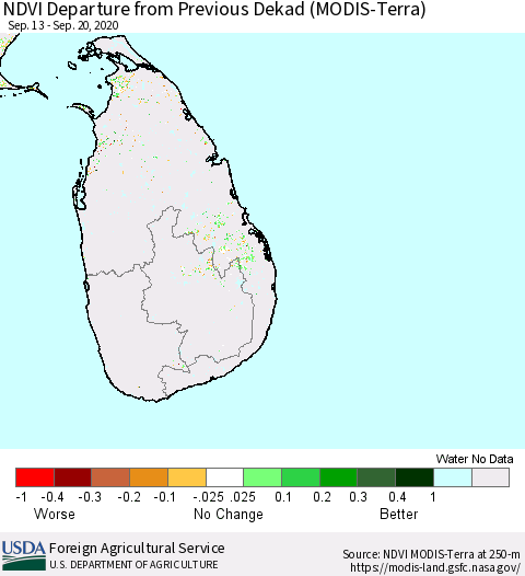 Sri Lanka NDVI Departure from Previous Dekad (Terra-MODIS) Thematic Map For 9/11/2020 - 9/20/2020