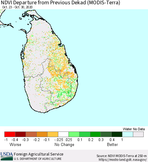 Sri Lanka NDVI Departure from Previous Dekad (MODIS-Terra) Thematic Map For 10/21/2020 - 10/31/2020