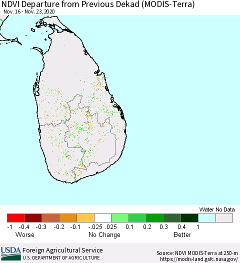 Sri Lanka NDVI Departure from Previous Dekad (MODIS-Terra) Thematic Map For 11/21/2020 - 11/30/2020
