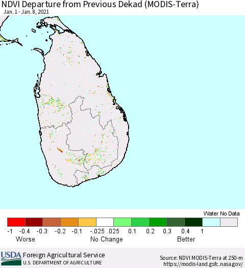 Sri Lanka NDVI Departure from Previous Dekad (MODIS-Terra) Thematic Map For 1/1/2021 - 1/10/2021