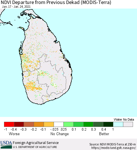 Sri Lanka NDVI Departure from Previous Dekad (Terra-MODIS) Thematic Map For 1/21/2021 - 1/31/2021
