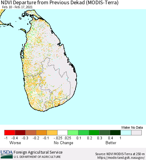 Sri Lanka NDVI Departure from Previous Dekad (MODIS-Terra) Thematic Map For 2/11/2021 - 2/20/2021