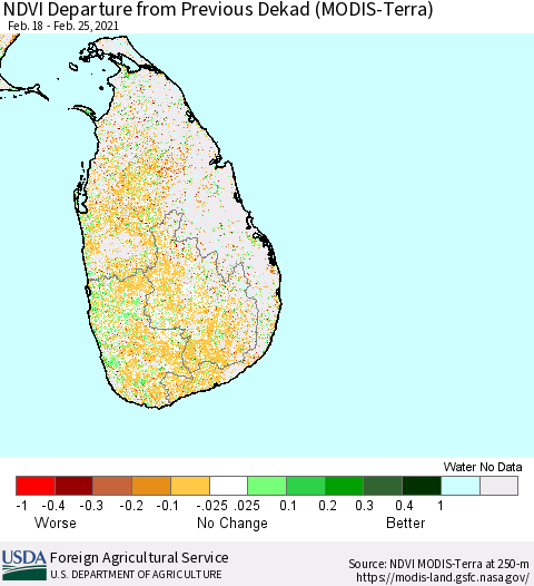 Sri Lanka NDVI Departure from Previous Dekad (MODIS-Terra) Thematic Map For 2/21/2021 - 2/28/2021
