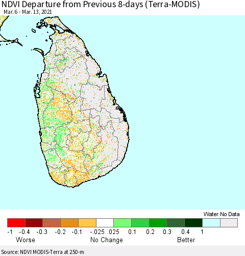 Sri Lanka NDVI Departure from Previous 8-days (Terra-MODIS) Thematic Map For 3/6/2021 - 3/13/2021