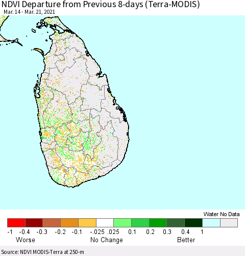 Sri Lanka NDVI Departure from Previous 8-days (Terra-MODIS) Thematic Map For 3/14/2021 - 3/21/2021