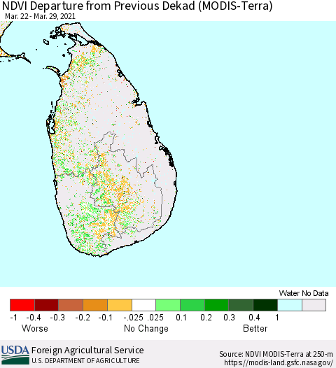 Sri Lanka NDVI Departure from Previous Dekad (Terra-MODIS) Thematic Map For 3/21/2021 - 3/31/2021