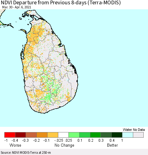 Sri Lanka NDVI Departure from Previous 8-days (Terra-MODIS) Thematic Map For 3/30/2021 - 4/6/2021