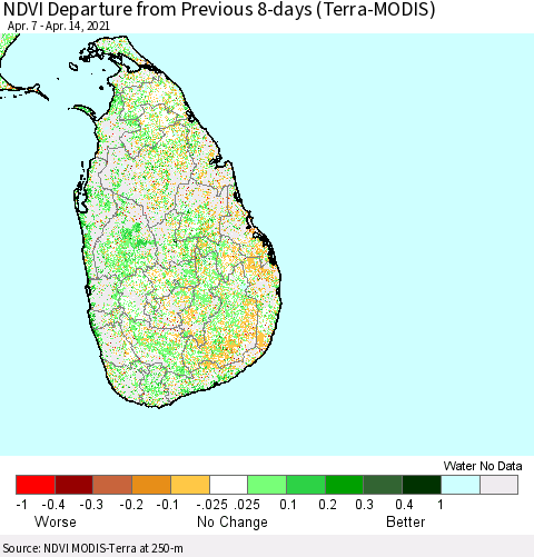 Sri Lanka NDVI Departure from Previous 8-days (Terra-MODIS) Thematic Map For 4/7/2021 - 4/14/2021