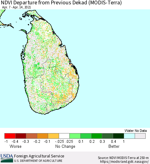 Sri Lanka NDVI Departure from Previous Dekad (MODIS-Terra) Thematic Map For 4/11/2021 - 4/20/2021