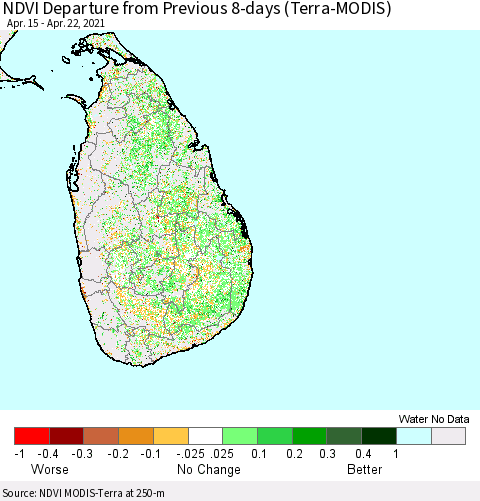 Sri Lanka NDVI Departure from Previous 8-days (Terra-MODIS) Thematic Map For 4/15/2021 - 4/22/2021