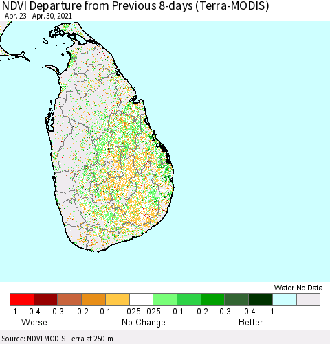 Sri Lanka NDVI Departure from Previous Dekad (Terra-MODIS) Thematic Map For 4/21/2021 - 4/30/2021