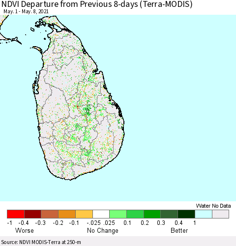 Sri Lanka NDVI Departure from Previous 8-days (Terra-MODIS) Thematic Map For 5/1/2021 - 5/8/2021