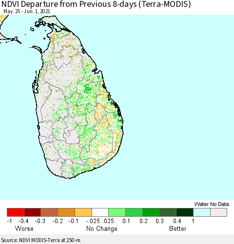 Sri Lanka NDVI Departure from Previous 8-days (Terra-MODIS) Thematic Map For 5/25/2021 - 6/1/2021