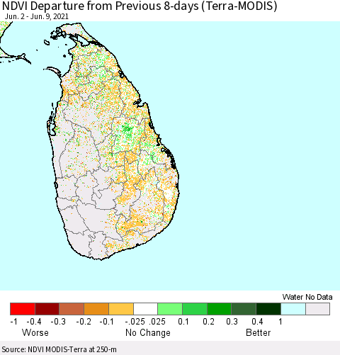 Sri Lanka NDVI Departure from Previous 8-days (Terra-MODIS) Thematic Map For 6/2/2021 - 6/9/2021