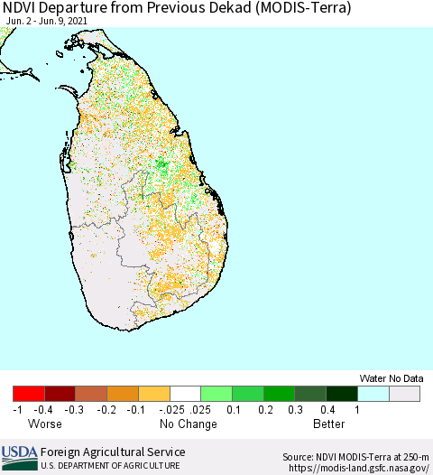 Sri Lanka NDVI Departure from Previous Dekad (Terra-MODIS) Thematic Map For 6/1/2021 - 6/10/2021