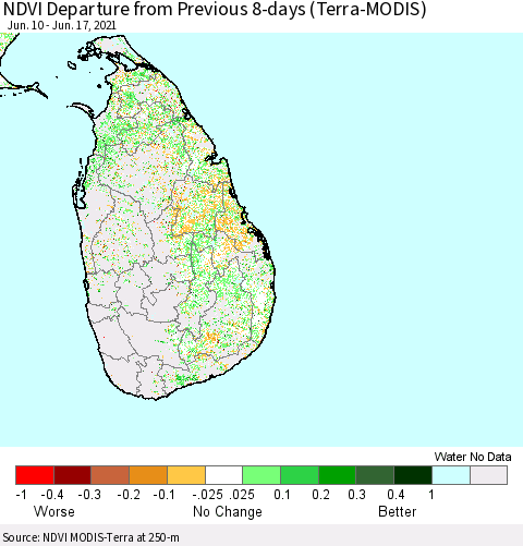 Sri Lanka NDVI Departure from Previous 8-days (Terra-MODIS) Thematic Map For 6/10/2021 - 6/17/2021