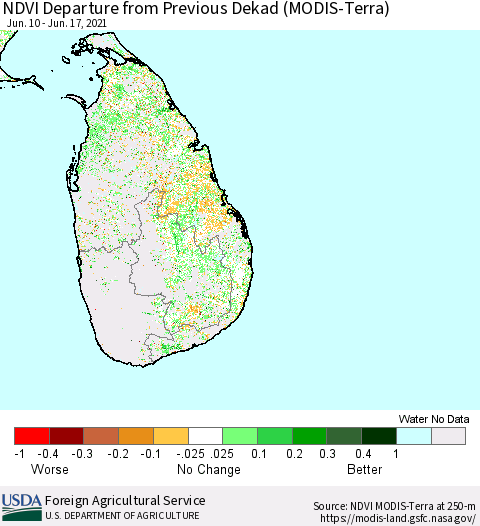 Sri Lanka NDVI Departure from Previous Dekad (Terra-MODIS) Thematic Map For 6/11/2021 - 6/20/2021